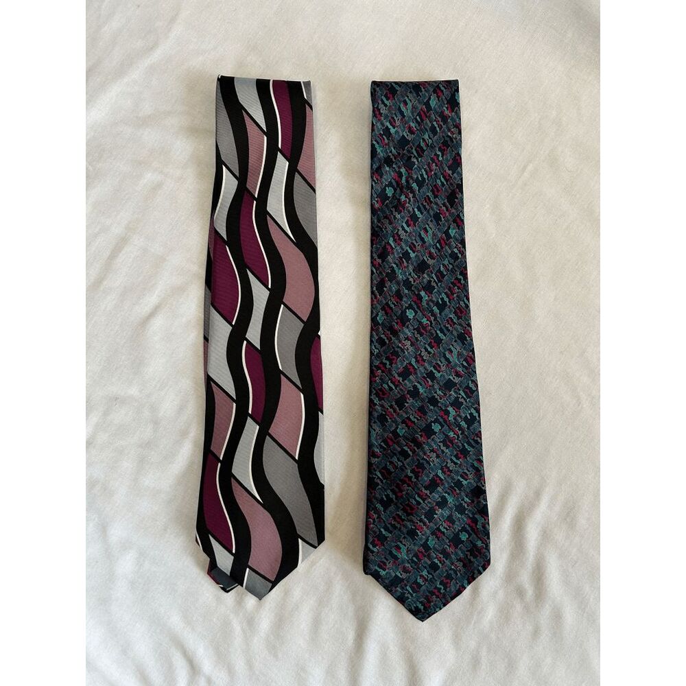 Ferracci Tie Lot of Two, One NWT, One Used & Silk Blue/Purple/Gray, Geometric